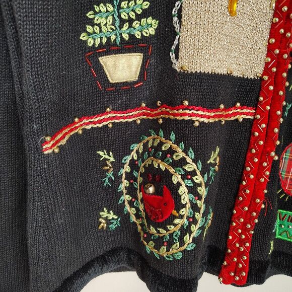 Christmas Cardigan Sweater Patchwork Cardinals Beaded Embellished Holiday PXL - Picture 8 of 11